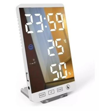 Imagem de Relógio Digital de Mesa com LED, Display de Temperatura e Umidade, Tela Espelhada, Branco