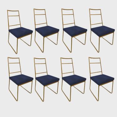 Imagem de Kit 08 Cadeiras Sala de Jantar Escritório Office Stark Industrial Ferro Dourado Suede Azul Marinho - Ahz Móveis