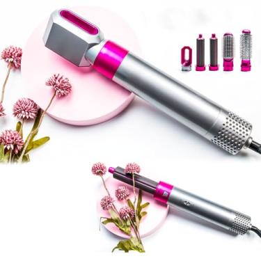 Imagem de Kit Modelador de Cabelo 5 em 1, Secador e Escova Alisadora Elétrica com Acessórios, Prata e Rosa
