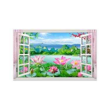 Imagem de Imagem paisagem janela falsa-Impressões lona arte parede natural-Flores lótus montanha-Pintura mural decoração 30x50cm-12x19in sem moldura
