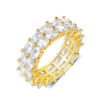 Imagem de Anéis banhados a ouro 14K, 2 fileiras de zircônia cúbica corte esmeralda aliança de casamento de ouro para mulheres e homens, Zircônia cúbica