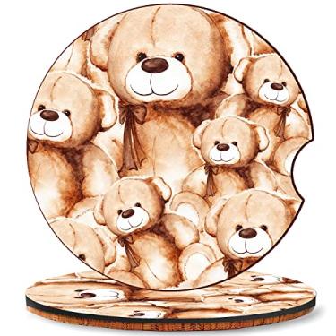 Imagem de Conjunto de 2, porta-copos de carro, desenho animado adorável ursinho de pelúcia, base de cortiça absorvente, suporte de copo redondo para carro, bebidas, porta-copos