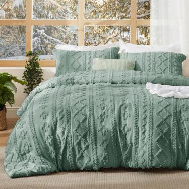 Imagem de Conjunto de edredom Bedsure Tufted Boho Queen Size, verde, 3 peças