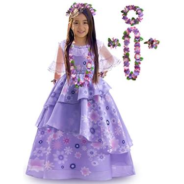 Imagem de RUYUYIRU Encanto Mirabel Cosplay Costume for Girls Isabela Mirabe Madrigal Princess Dress Up Halloween Paty Dresses 150（Purple）