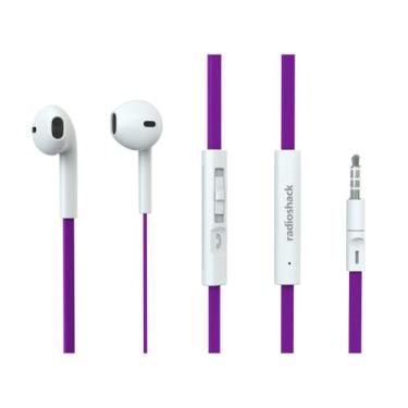 Imagem de Fones de ouvido estéreo RadioShack com cabo, fones de ouvido com fio com microfone e botões de controle de volume, pontas de silicone macio para uso prolongado confortável e ajuste seguro, roxo e