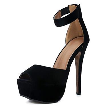 Imagem de MAIERNISI JESSI Sandália feminina plataforma peep toe tira no tornozelo stiletto salto alto vestido com zíper, Veludo, preto, 37