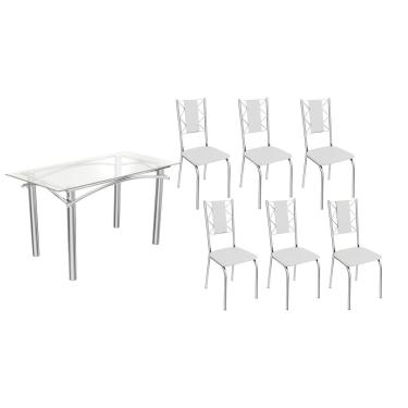 Imagem de Kit 6 Cadeiras Sala Jantar Elba c/ Tampo de Vidro 150cm e 6 Cadeiras Lisboa Cromada - Courano Branco - Kappesberg