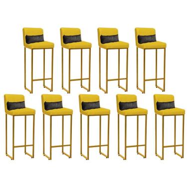 Imagem de Kit 09 Banqueta Alta Com Encosto Ferro Dourado Corino Amarelo E Almofada Cinza - Amey Decor