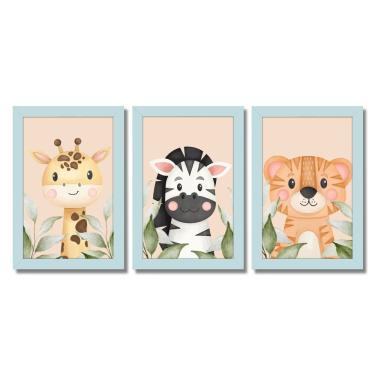 Imagem de Kit Quadros Infantil Safari Aquarela 20X30 3 Peças Titulo Moldura Azul