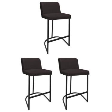 Imagem de Kit 03 Banquetas Com Encosto Confort Bistrô Cozinha Ferro Preto Corino Marrom - Amey Decor