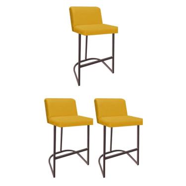 Imagem de Kit 03 Banquetas Com Encosto Confort Bistrô Cozinha Ferro Marrom Corino Amarelo - Amey Decor