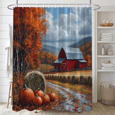 Imagem de BCNEW Cortina de chuveiro de outono rústica celeiro vermelho bordo floresta abóbora palheiro folha caída montanha campo fazenda paisagem natural tecido poliéster decoração de banheiro 70×70 polegadas