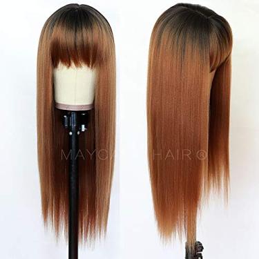 Imagem de Maycaur Perucas De Cabelo Sintético Brown Com Franja Completa, Preta, #30B, Cor Ombré, Longa E Lisa, Peruca Feminina Macia, Sem Renda, Para Mulheres Da Moda, 22 Polegadas