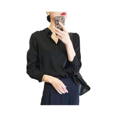 Imagem de Blusas Femininas Elegantes com Manga Longa, Acabamento em Cetim e Botõ