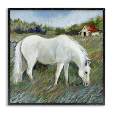 Imagem de Stupell Industries Cavalo branco no campo preto emoldurado giclée design de arte por Susan Winget, 61 x 61