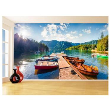 Imagem de Papel De Parede Lago Canoas Barcos Ponte Água 3,5M Nlk156 - Você Decor