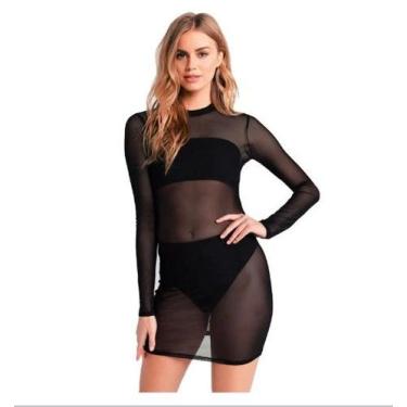 Imagem de Vestido Tule Manga Longa Transparência - Diluxo, G, Preto, feminino