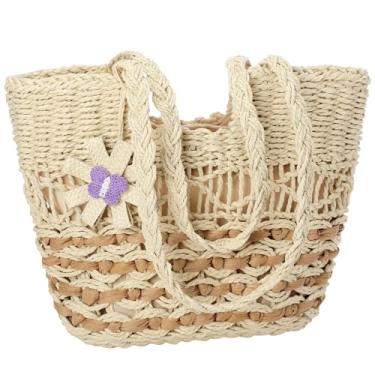 Imagem de Bolsas de praia para mulheres - Bolsa de palha grande, bolsa de ombro de tecido, sacola de palha para férias de verão, bege