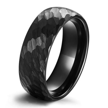 Imagem de TTVOVO Anéis masculinos de titânio martelado para homens e mulheres abobadado preto escovado alianças de casamento tamanho 5-15, Titânio, Sem pedra preciosa