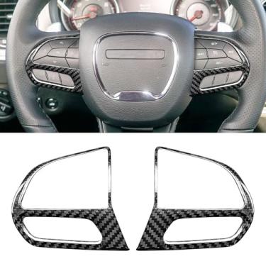 Imagem de BLAKAYA Compatível com Dodge Charger Challenger SRT 2015-2023 Chrysler 300C 2016-2023 Capa de botão de volante de fibra de carbono real acessórios de acabamento de decoração de interiores