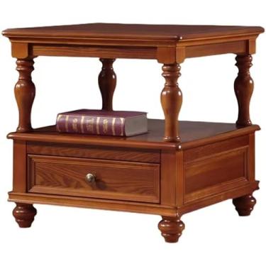 Imagem de Ohoqiaqia Mesa de canto de madeira maciça com gaveta e prateleira de armazenamento, mesa lateral de sofá quadrada criativa com 2 armários de armazenamento ocultos, como mesa de centro ou mesa de