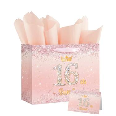 Imagem de Bolsa de presente de feliz aniversário com papel de seda, cartão e adesivo, bolsa de presente grande de 33 cm para mulheres, homens, crianças, festa de aniversário (rosa)