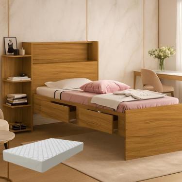 Imagem de Cama de Solteiro Isa com Prateleira e Gavetas Bau, Cama com Colchão - 