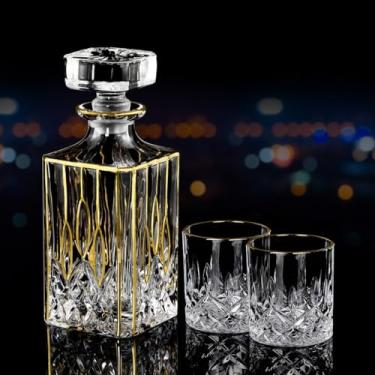 Imagem de Conjunto de decantadores dourados pintados à mão para homens – Decantador de uísque, aerador de vinho e 2 copos, decantador de bourbon e tequila, garrafas de licor, decantador de cristal e 2 copos