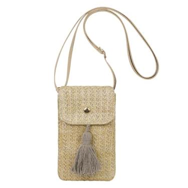 Imagem de AdiStylinno Bolsas pequenas transversais para mulheres, com borlas de palha para celular, bolsa pequena de tecido com alça ajustável, Amarelo, 11 x 18 x 1.5 cm / 4.75 x 7 x 0.5 in, Moderno