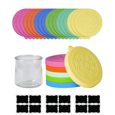 Imagem de TERESRY Pacote com 24 tampas de silicone para iogurte Oui com 8 etiquetas, tampas de grau alimentício para potes de iogurte Oui de 142 g, capas de conserva de silicone reutilizáveis perfeitas para