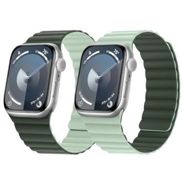 Imagem de HITZEE Pulseira magnética reversível dupla face compatível com Apple Watch 42(S10)/41/40/38 mm, pulseira de silicone macio para iWatch séries 10, 9, 8, 7, SE 6-1 (42/41/40/38, verde-escuro/verde-claro