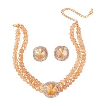 Imagem de Dtja Conjunto de colar e brinco de gargantilha redonda de cristal com 2 peças, joia de declaração para mulheres, brincos de zircônia cúbica para fantasia de baile de casamento, 38 cm, 5 cores, Medium