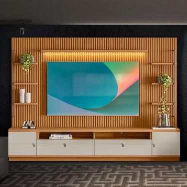 Imagem de Rack Para Sala Com Painel Ripado Modulado 75 Polegadas Nature Off White  Shop Jm