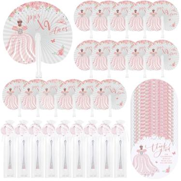 Imagem de CroBlissful 25 conjuntos de lembrancinhas de quinze anos para convidados, agradecimento, leque de papel dobrável com cartão, ventiladores portáteis com design de princesa, presentes de 15 artigos de