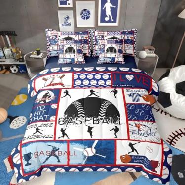 Imagem de Jogo de cama de casal de 7 peças, conjunto de cama de casal com bola esportiva, patchwork, taco de beisebol, jogador, jogador, esporte, softball, fã de softball, vermelho, azul