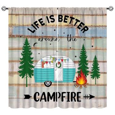 Imagem de Cortina de janela de acampamento, Happy Camper Farmhouse Camping Travel Trailer Cortinas de janela para quarto de crianças sala de estar casa 107 cm L x 114 cm C (sem apagão)