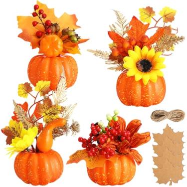 Imagem de Mimorou 4 peças de abóboras artificiais para decoração de outono, arranjos florais artificiais de ação de graças com buquê artificial de abóbora e girassol e folhas de bordo para colheita de outono