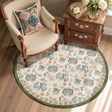 Imagem de jinchan Tapete redondo floral de 1,2 m para entrada lavável tapete de cozinha vintage design romance antiderrapante tapete interno leve de perfil baixo para sala de estar, sala de jantar, quarto