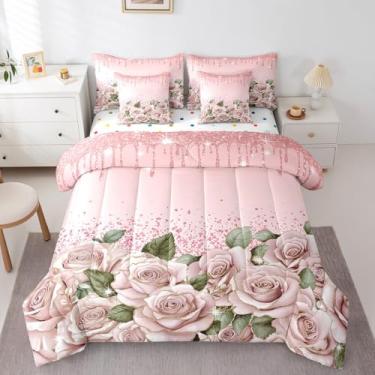 Imagem de Jogo de cama casal de 7 peças rosa rosa em uma bolsa, conjunto de cama casal, arte fluida de cristal de diamante, conjunto de lençol ombré abstrato com edredom romântico e flores de jardim, decoração