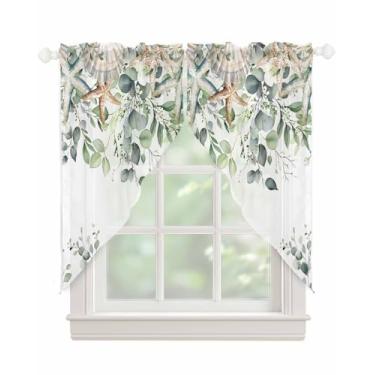 Imagem de Cortinas semitransparentes de folhas de verão para janelas, folhas de eucalipto, estrela-do-mar, semitransparentes, verde, botânico, voile swags topper, cortina para cozinha, sala de estar, quarto, 2