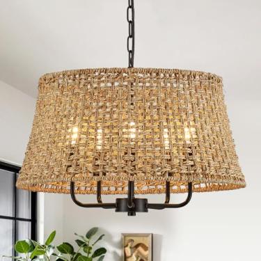 Imagem de YOMECOO Lustre de vime tecido à mão vintage fazenda boho lustres de bambu luminária retro tambor vime vime lustre preto para sala de jantar, cozinha, sala de estar