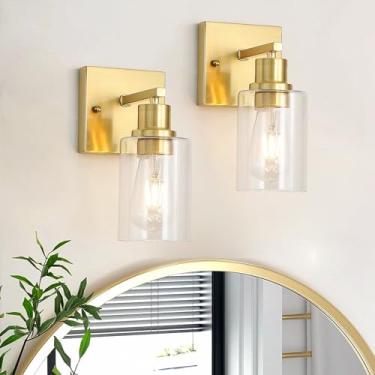Imagem de Jodauirt Luminárias de parede para sala de estar, pacote com 2, luzes de vaidade douradas escovadas com sombra de vidro, arandelas de parede modernas de fazenda para galeria, espelho, quarto, banheiro
