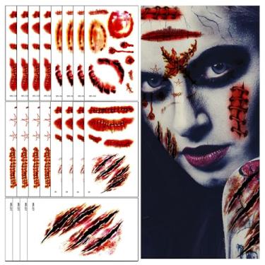 Imagem de Kit de maquiagem com 20 folhas de tatuagens temporárias de cicatriz de zumbi de Halloween, ferimento falso realista, corte de lesão no sangue, arranhões, costuros, tatuagens, adesivos para fantasia de