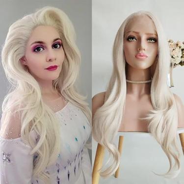 Imagem de ELESTY 13 x 3,5 perucas de renda sintética longa ondulada branca loira sem cola parte lateral de fibra resistente ao calor cabelo diário Elsa cosplay perucas Drag Queen