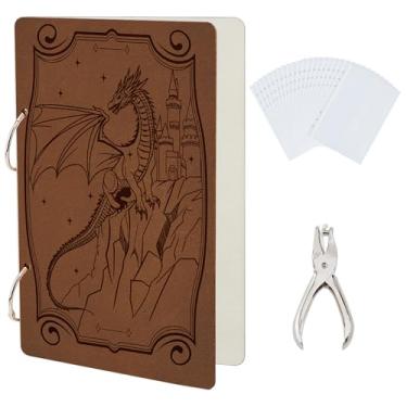 Imagem de SUPERDANT Conjunto organizador de cartões comemorativos Western Dragons Wonderful Memories Wooden Card Keeper Binder Suit Holder Book with 2-Ring Inner Sleeve and Punch for Birthday Wedding Gift 24x16