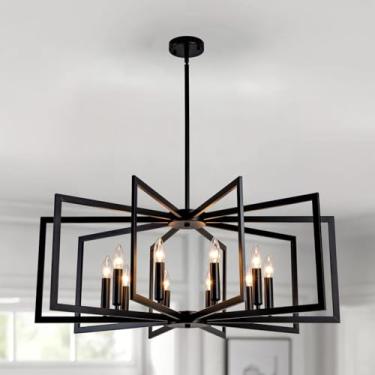 Imagem de Zsebisu Lustre Rústico Com 12 Luzes Em Formato De Roda Carroça, Pendente Redondo Madeira Cúpula Vidro, Lustres Fazenda Para Sala Jantar, Ilha Cozinha, Hall Entrada