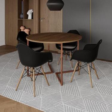 Imagem de Mesa Jantar Industrial Amêndoa 110Cm Redonda Base V Cobre C/4 Poltrona