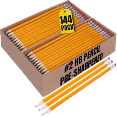 Imagem de 1InTheOffice Lápis pré-afiados nº 2, lápis com borracha, 2 HB, caixa de madeira, chumbo preto, barril amarelo, pacote com 288