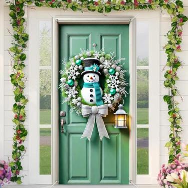 Imagem de BlissYard Capa de porta de Natal, boneco de neve, guirlanda de lanterna, 89 x 188 cm, faixa festiva para portas dianteiras para decoração de parede interna e externa, tecido de poliéster, decoração de