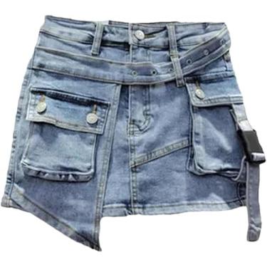 Imagem de Saia Jeans Feminina Cintura Alta Patchwork Falso 2 Pcs Cinto Assimétrico Curto Cargo Mini Saias, Light Blue, M